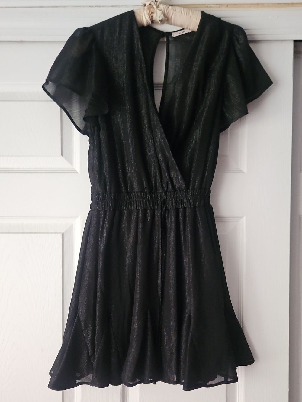 Women's Black Short Flutter-Sleeve Wrap Dress